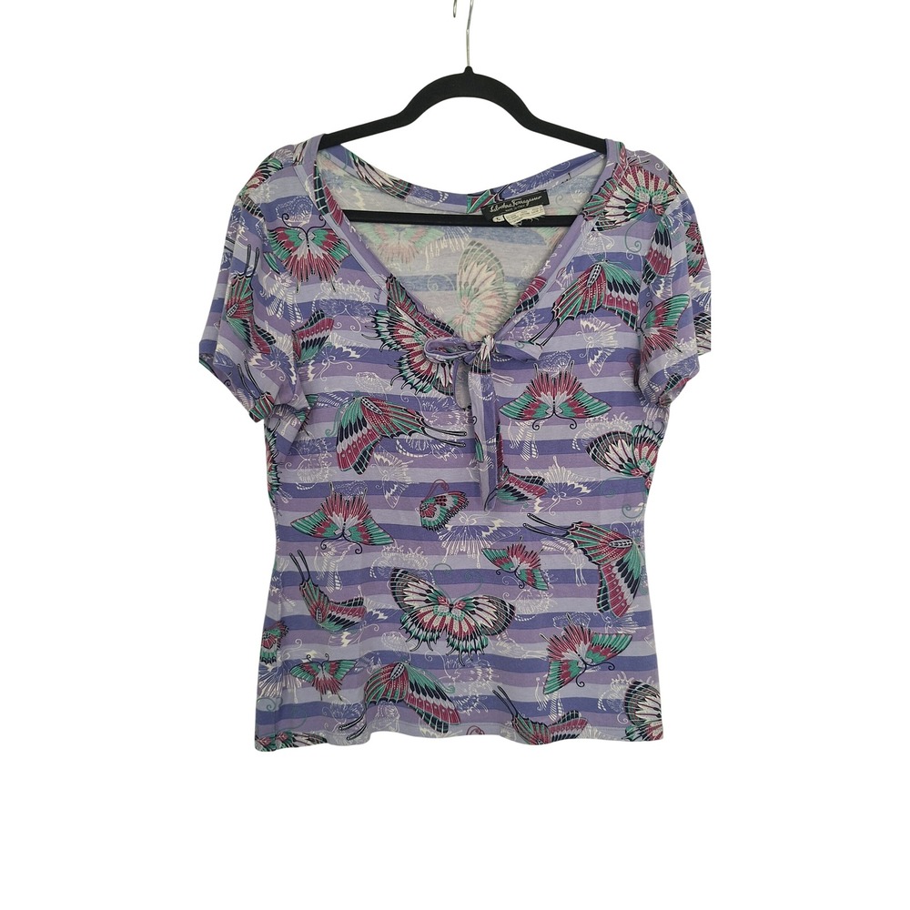 Salvatore Ferragamo Womens Purple Butterfly Stripe Tie Front Top Made in Italy L